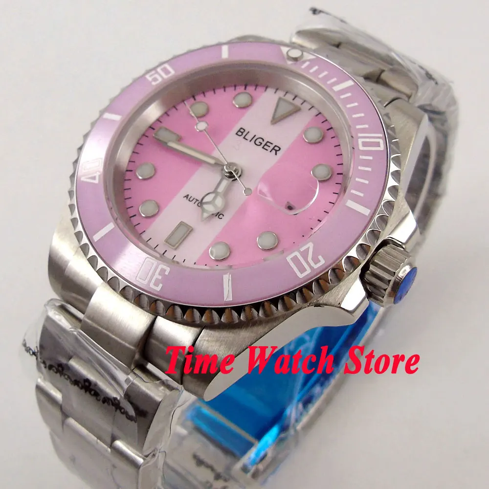 

Bliger Automatic Men's Watch Miyota8215 PT5000 40mm Pink Dial Luminous Sapphire Glass Ceramic Bezel Oyster Bracelet 316L