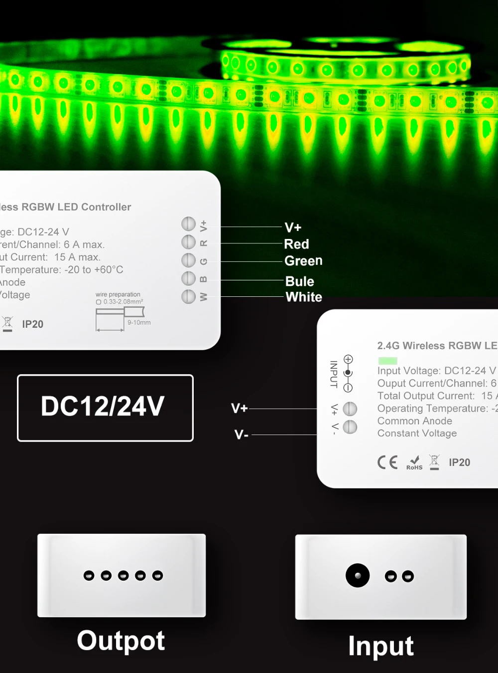 2,4 г RGB+ CCT, зелёный, синий, RGB, WWCW, диммер контроллер, DC12V/DC24V, Цвет и Яркость регулируемый, светодиодный полоски, прожекторы, линейные огни