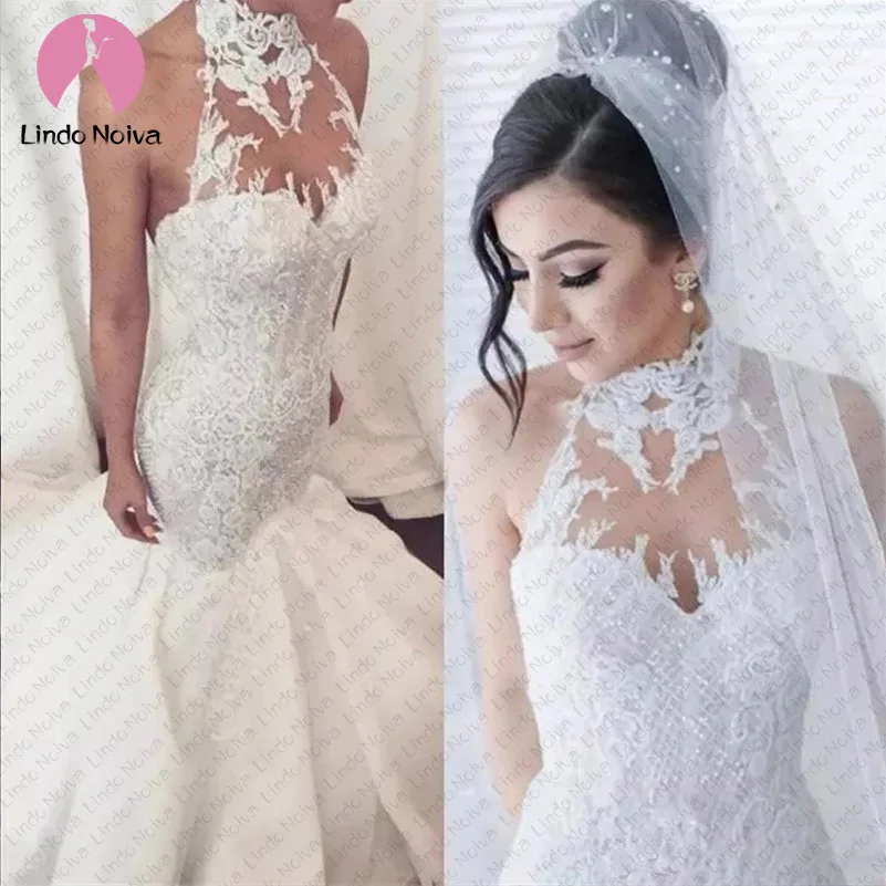 Романтическое свадебное платье с аппликацией и высоким воротом русалки 2019