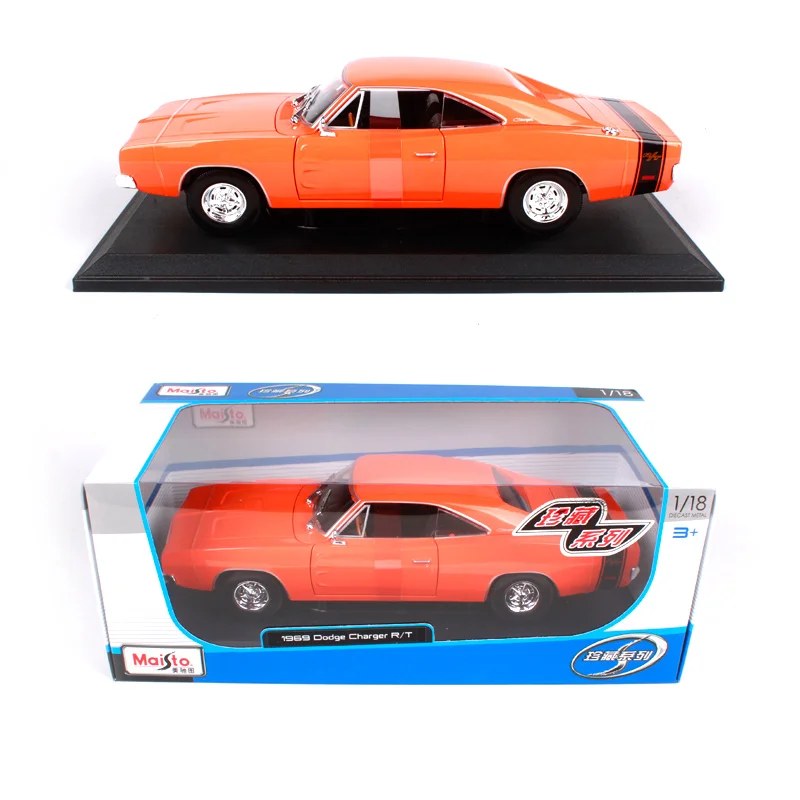 Машина Dodge Charger RT 1969 черного цвета с оранжевыми полосами, масштаб 1:18, модель из литого металла, размеры 290*105*75 мм, роскошный автомобиль для коллекционирования для мужчин 31387.