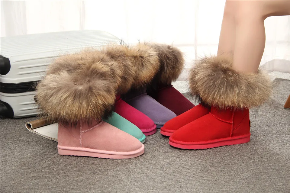 MBR FORCE Fashion Women's Natural Real fox Fur Snow Boots Genuine Cow Leather women Boots Female Warm Winter Boots Shoes