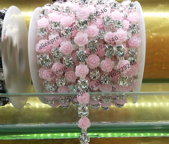

1 yard/pack 1cm cute pink plastic flower crystal rhinestone chain yard trims sewing on for kids' garment shoes dress decoration