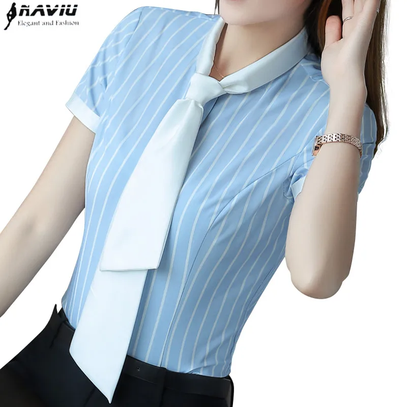 Новинка Элегантная блузка с бантом в полоску летняя стильная Строгая рубашка