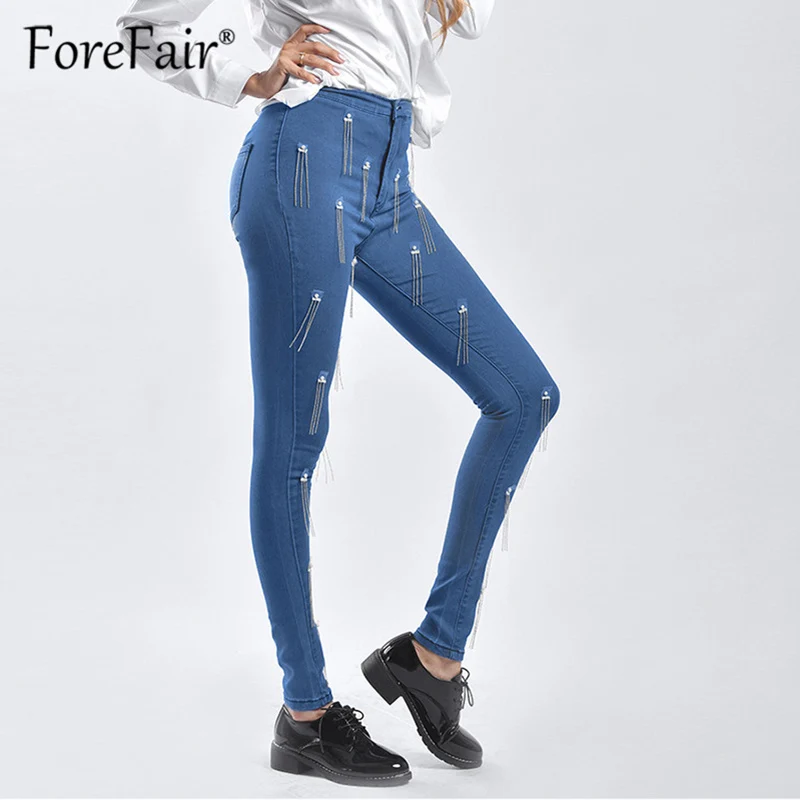 Forefair синие Стрейчевые облегающие джинсы женские джинсовые брюки карандаш с