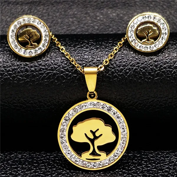 Gold Tree Золотой цвет Хамса ручной набор ювелирных изделий для женщин Кристалл нержавеющая сталь массивное Ожерелье Серьги pendientes mujer moda S176193 - Окраска металла: Gold Tree