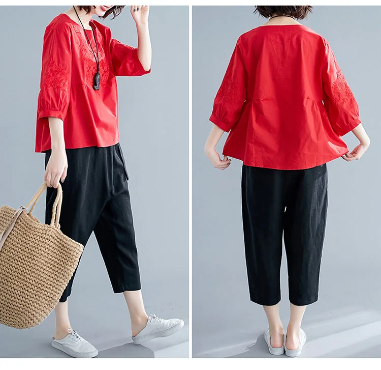 Solid Brief Embroidery Women Shirt Blouse Half Lantern Sleeve Casual Ethnic Retro Summer Tops Femme Clothes Cotton Linen Blusas | Женская