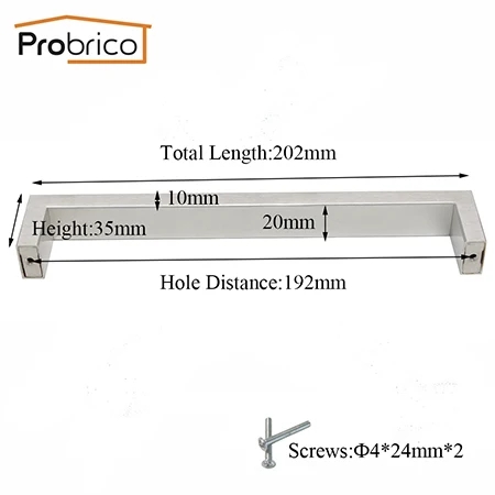 Hole Space 192mm Probrico квадратные ручки для шкафа 20 мм Ширина нержавеющая сталь кухонные дверные ручки для ящиков платяного шкафа 96 мм-320 мм мебельные ручки 1 шт - Цвет: Hole Space 192mm
