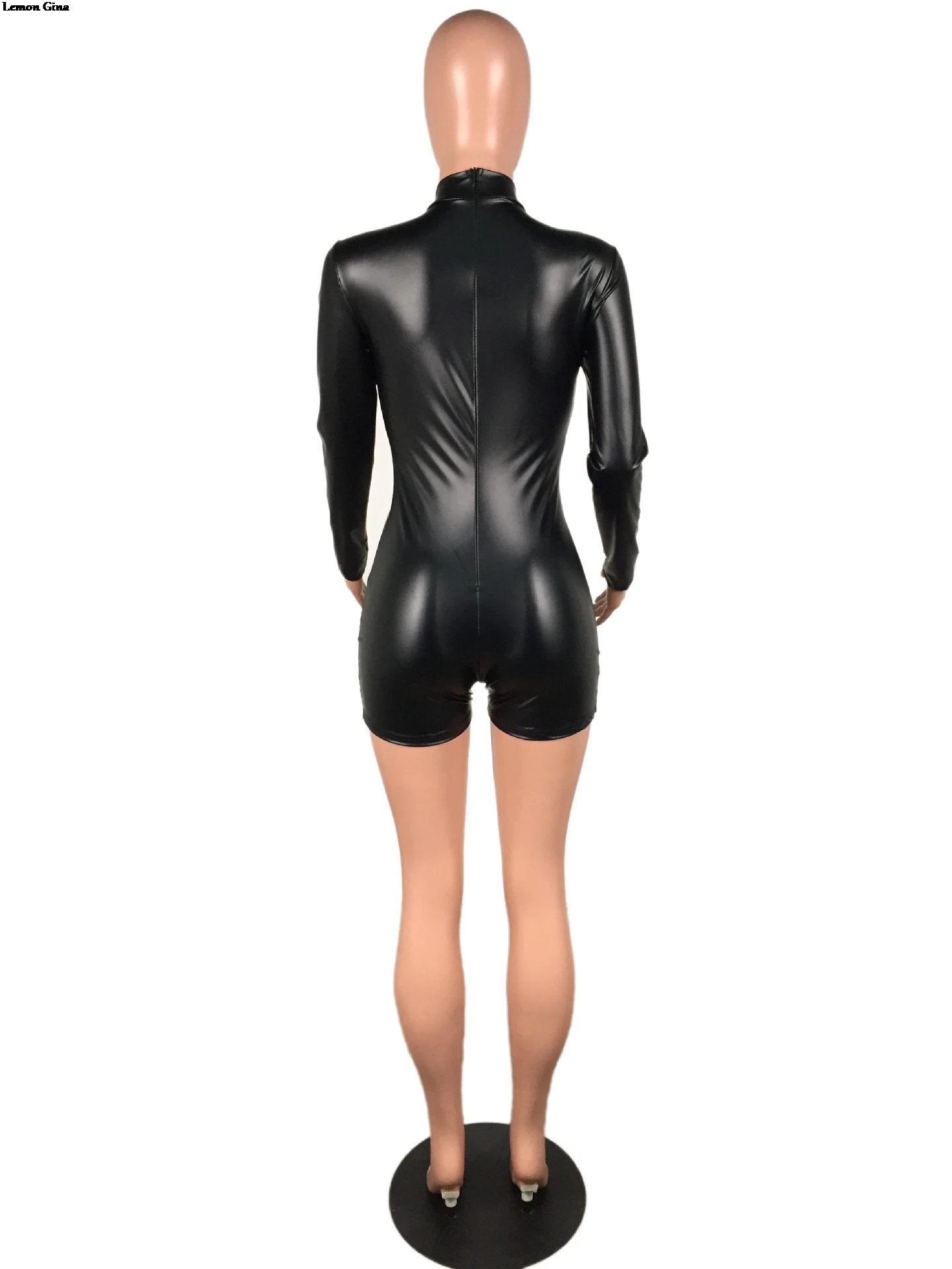 Lemon Gina Women stand neck long sleeve faux leather bodycon skinny short jumpsuit sexy night playsuit romper C1055