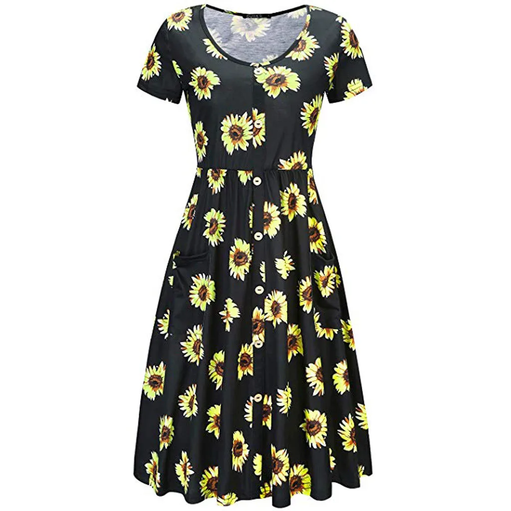Женское платье с коротким рукавом подсолнухом и v образным вырезом на пуговицах