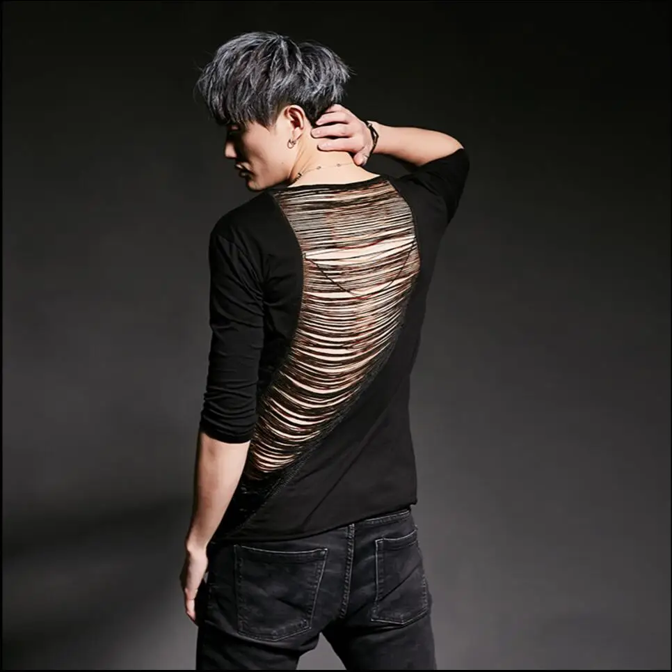 Hot New Fashion Hollow Short-sleeved T-shirt For Men's Tide Hairstylist Personality Nightclub Ds Dj Tops Singer Stage Costumes | Мужская