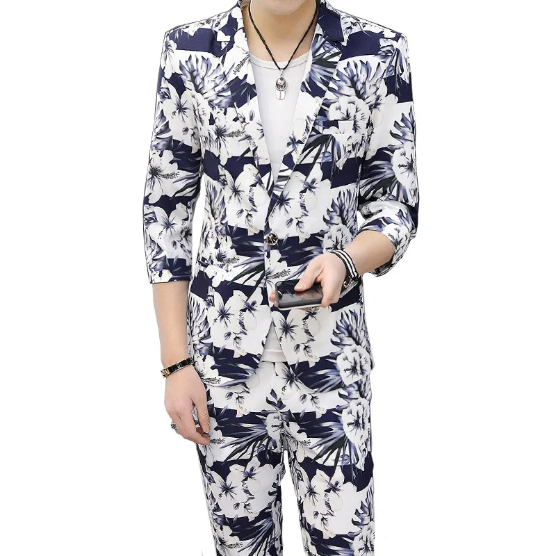 Мужской костюм с цветочным принтом приталенный Блейзер рукавами для ночного