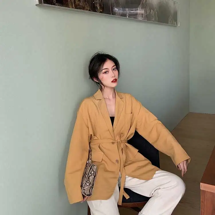 Женский винтажный Блейзер C96206Z свободный на шнурках с бантом и поясом длинным