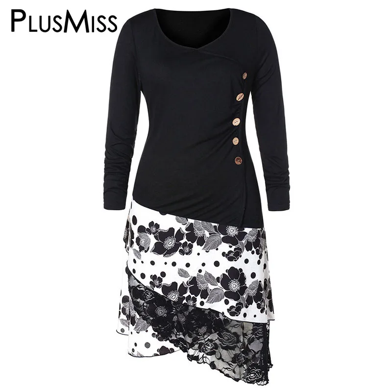 PlusMiss плюс размеры 5XL Боковая кнопка цветочный кружево длинная туника Топы