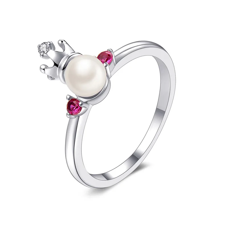 Red crystal simulated pearl crown rings for women accessories fashion silver color ring femme best friends ringen 2019 jewelry | Украшения
