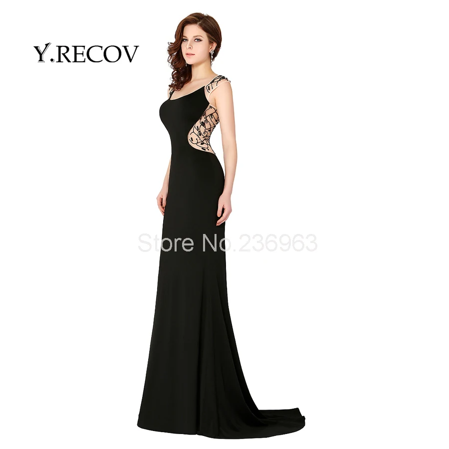 Черный формальный платье yd2404 труба бисероплетение sheer вернуться sexy пром dress black prom