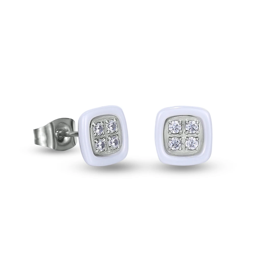 Silver White 9 мм маленькие керамические серьги, модный черный/белый, квадратный, керамический, серьги из розового золота/серебра, серьги из нержавеющей стали для женщин - Окраска металла: Silver White