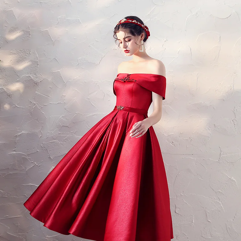 Женское коктейльное платье SSYfashion красное с вырезом лодочкой длиной до колена для