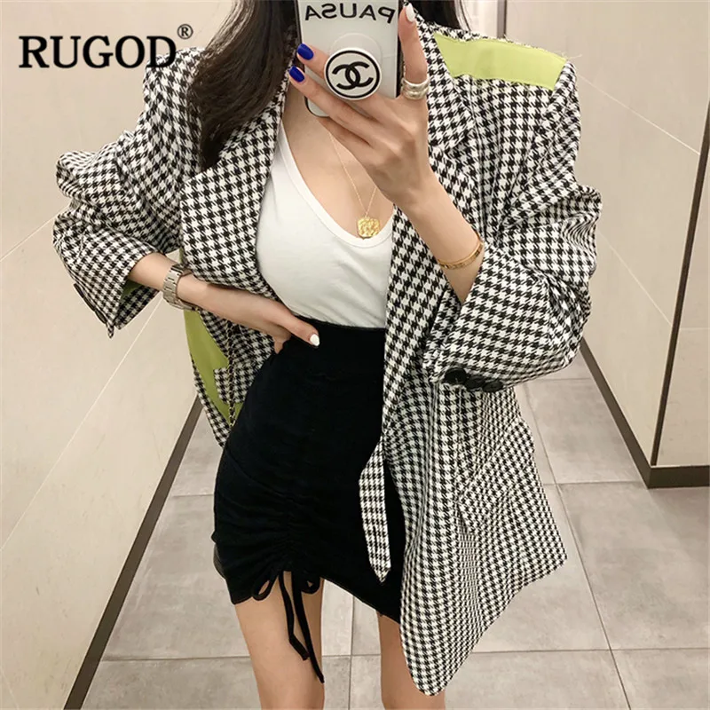 Женское клетчатое пальто RUGOD элегантное офисное с отложным воротником и