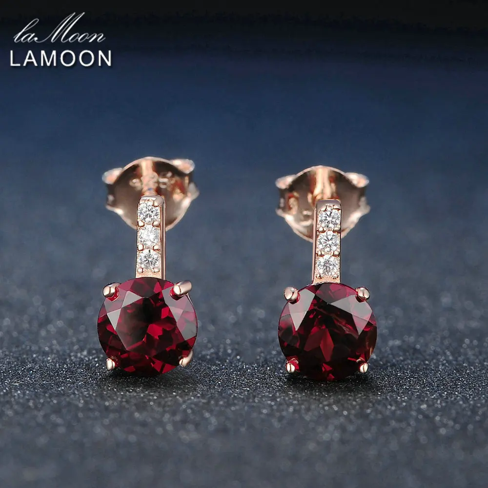 LAMOON Earring Trendy 2ct Natural Red Garnet 925 Sterling Silver Fine Jewelry Stud Earrings For Women Kaffa ChALkeR New | Украшения и