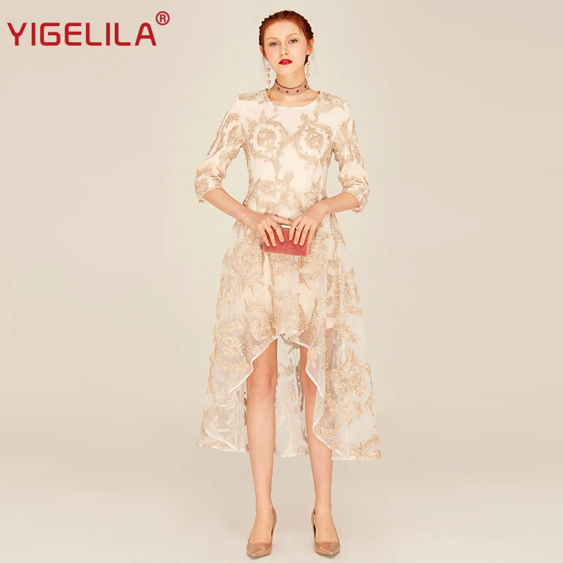 YIGELILA 62546 женское асимметричное длинное платье с круглым вырезом и коротким