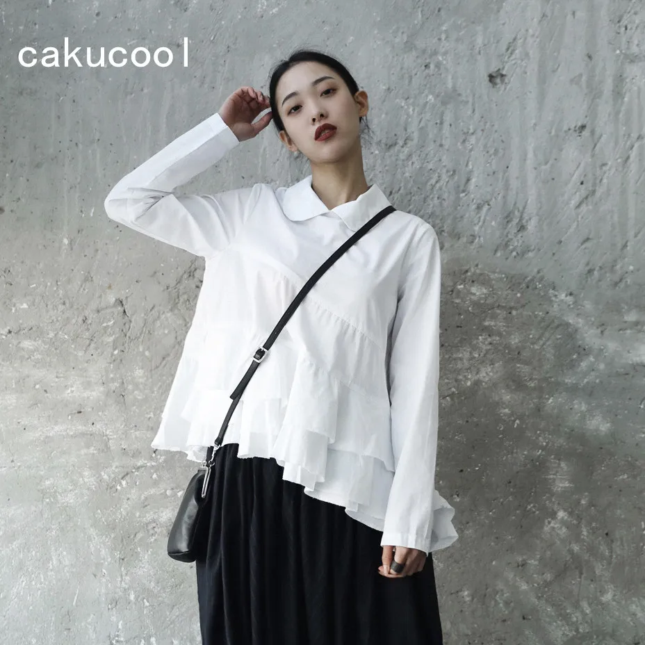 Cakucool Новая Осенняя блузка для женщин с длинными рукавами и оборками белая блуза