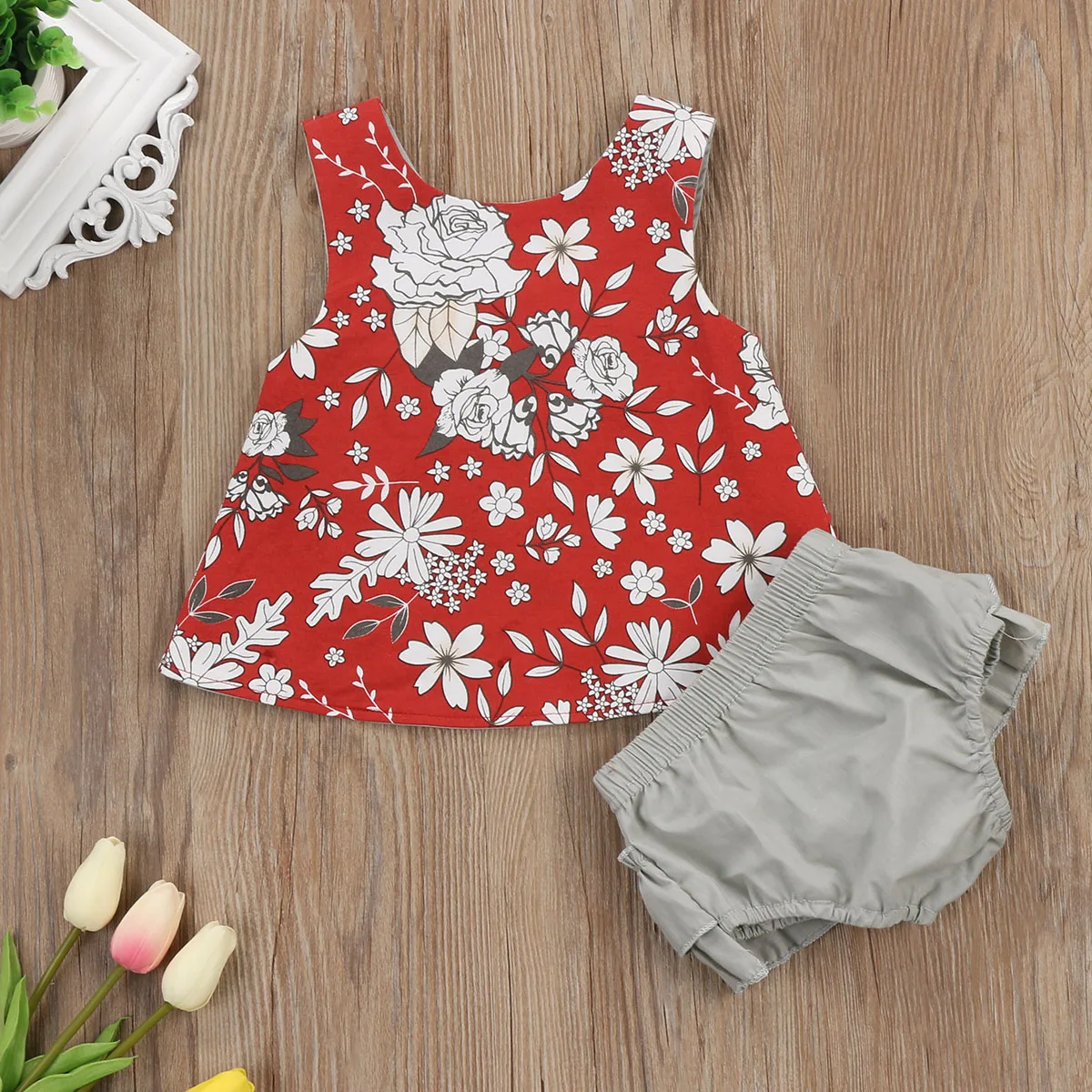 

2pcs baby clothes set Flower Infant Baby Girls Outfits Clothes Vest Tops T-shirt+Tutu Shorts Pants Set