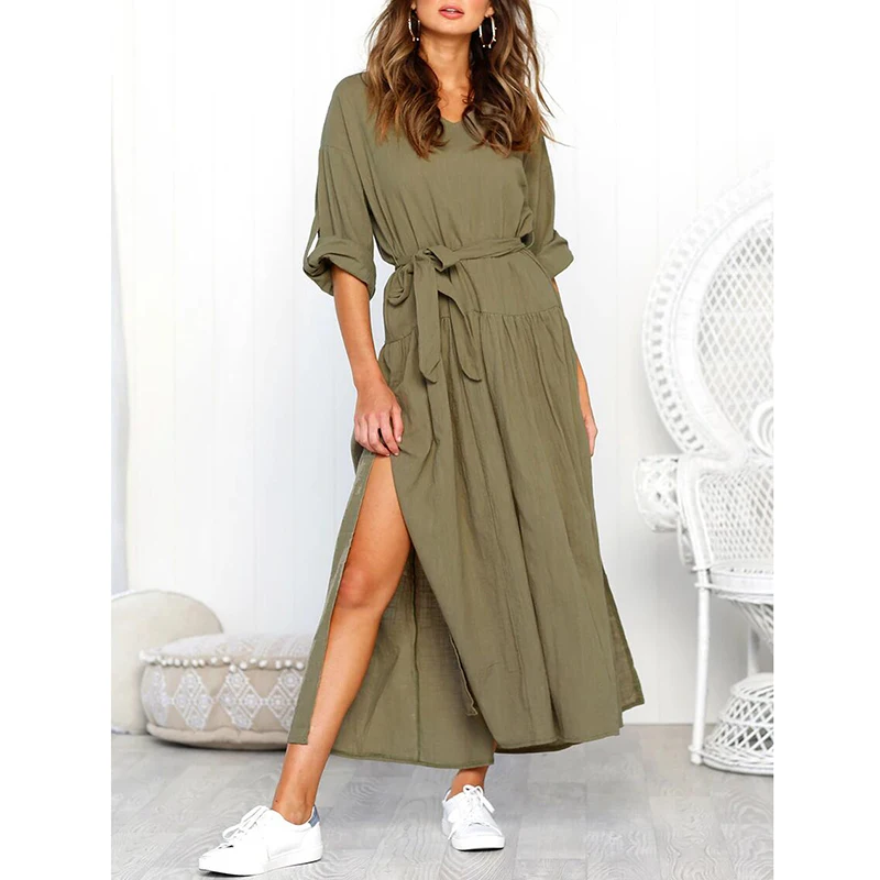 Высокая split wrap платье рубашка с поясом женщин v шеи длинное случайные свободные