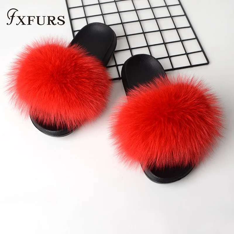 FXFURS/ г.; модные женские шлепанцы с лисьим мехом; сезон лето; пушистый мех; шлепанцы; пляжные скандалы; уличная ярмарка; шлепанцы; модная плюшевая обувь - Цвет: red