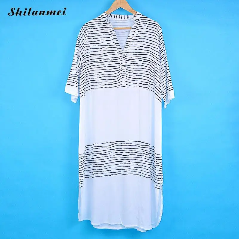 Повседневное Свободные Boho пляжное платье Для женщин 2018 летние белые в полоску