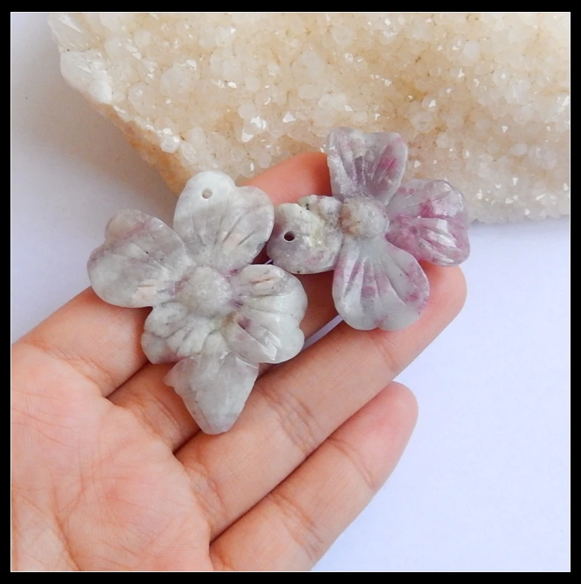 Wholesale 2Pcs Hot Sale Natural Stone Pink Tourmaline Carved Flower Front Drilled Necklace Pendants 38x37x7mm 47x41x7mm 23.22g