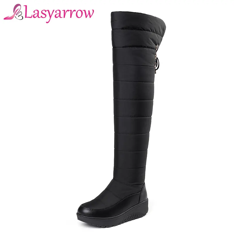 Lasyarrow Down Warm Snow Boots Women Round toe Platform Thigh High Fashion Lace Up Over the Knee Wedges Botas Mujer | Обувь