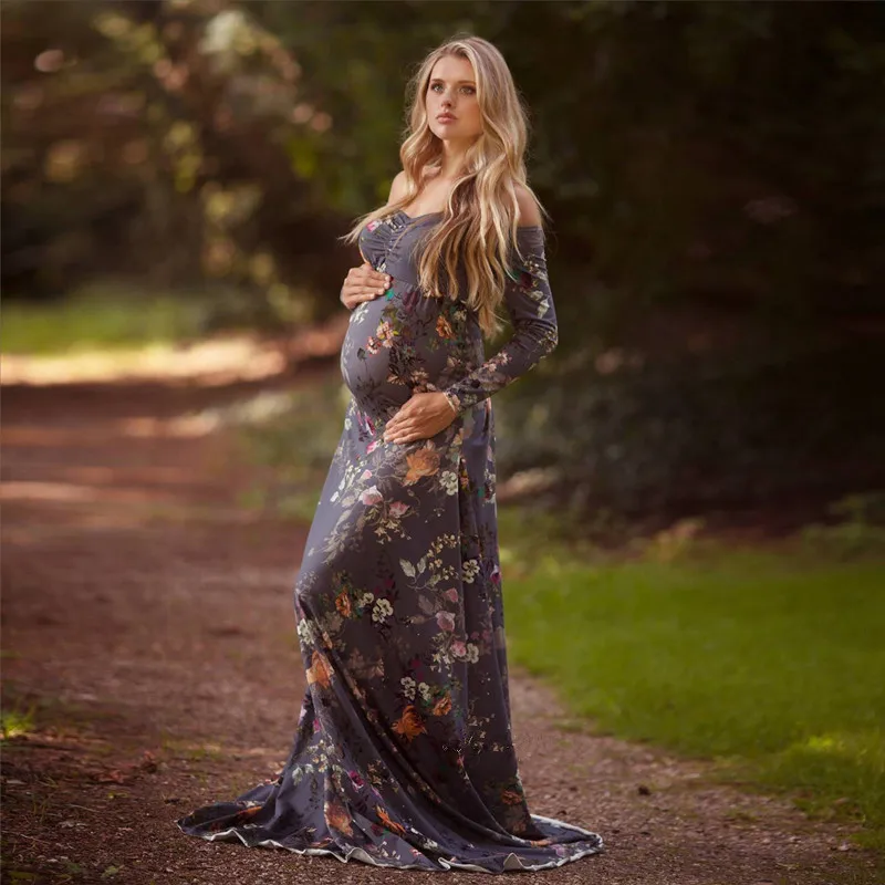 

Elegant Maternity Photography Props Pregnancy Clothes Maternity Floral Printed Dress For pregnant Women Photo Shoot Clothing