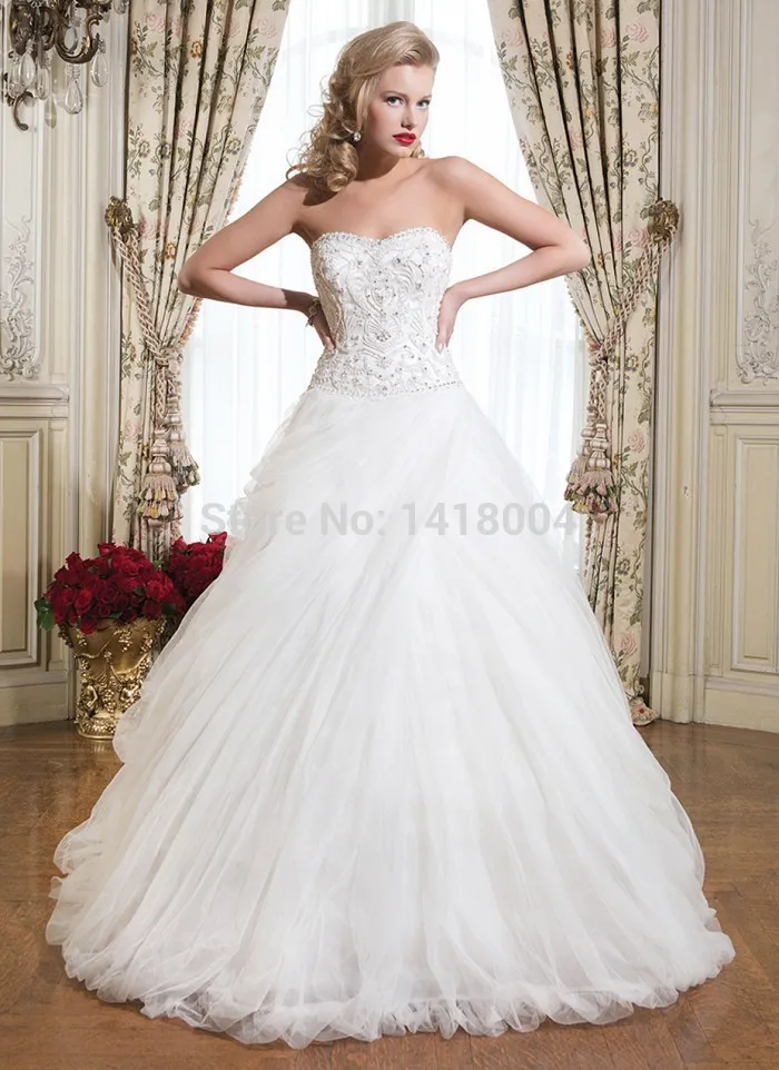 2015 New A Line Sexy Wedding Dresses Backless Sweetheart Ruffles Beading Sparkling crystals Three Quarter Elegant Bridal Gowns | Свадьбы и