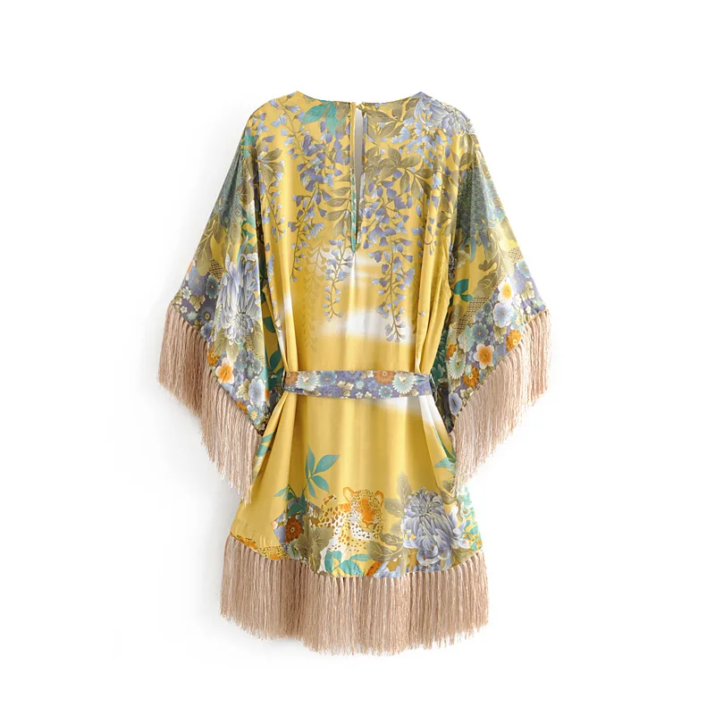 Летние шикарные Boho кисточкой сращены кимоно с цветочным принтом платье модные женские туфли с v-образным вырезом рукав "летучая мышь" Мини платья повседневные платья