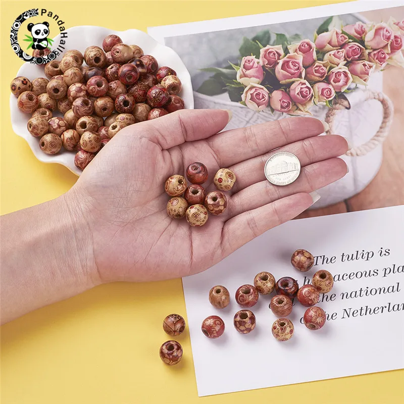 

pandahall 300pcs/bag Round & Oval Printed Wood Beads for Necklace Bracelet Jewelry Making Mixed Color 13x12/16x15mm Hole 3~4/5mm
