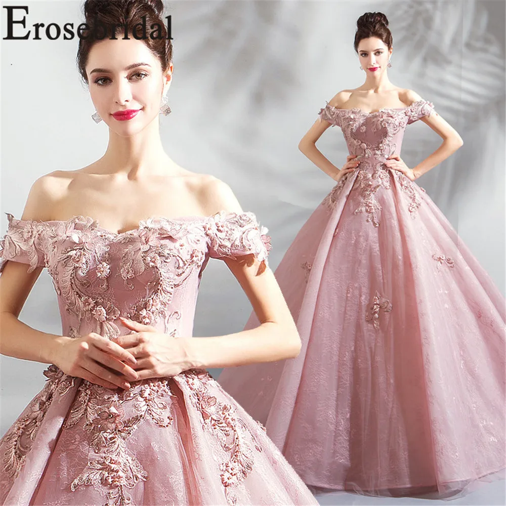 Женское бальное платье Erosebridal розовое длинное кружевное вечернее с 3D цветами на