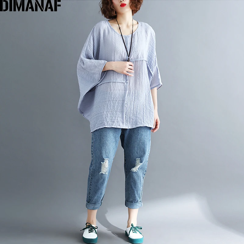 Женская блузка с рукавом летучая мышь DIMANAF однотонная винтажная Рубашка