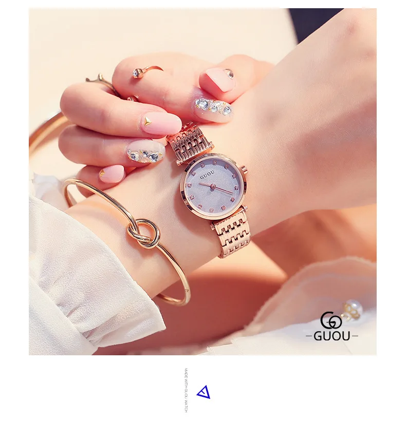 GUOU оригинальные женские кварцевые наручные часы с кристаллами розового золота
