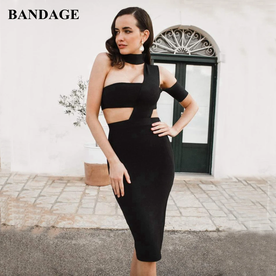 Женское Бандажное платье на одно плечо черное вечернее с вырезами вечерние