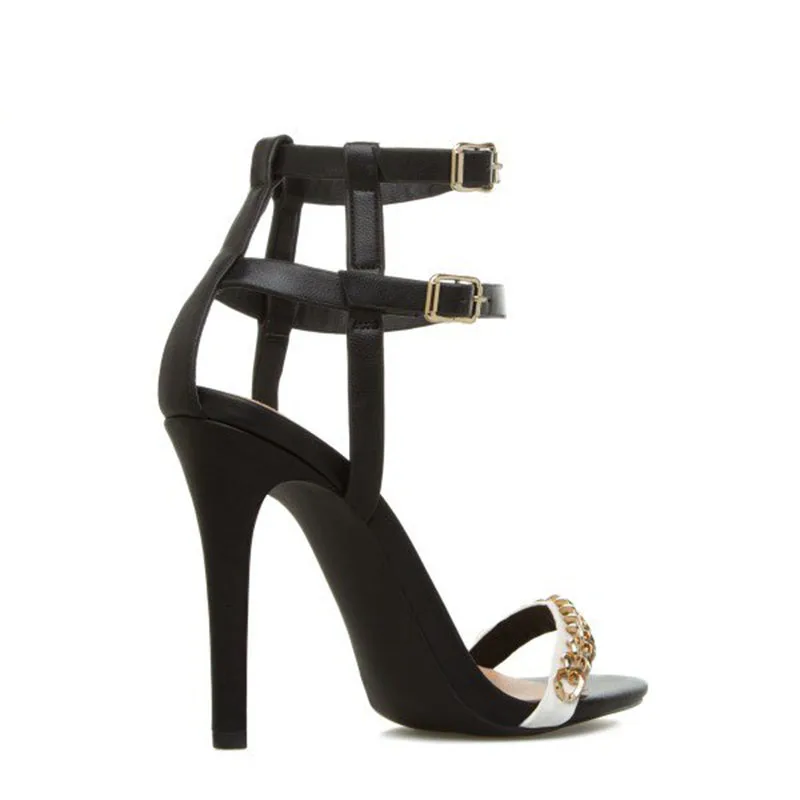 

Sexy FSJ Black Open Toe Stiletto Heels Ankle Strap Sandals with Chains Generous Attractive Incomparable Elegant Noble Fashion