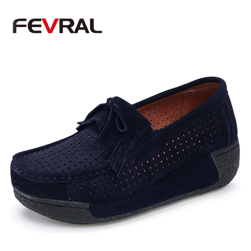 Dark Blue FEVRAL/ г., осенние женские модные лоферы на плоской платформе женская замшевая обувь, повседневная обувь мокасины на плоской подошве без застежки - Цвет: Dark Blue