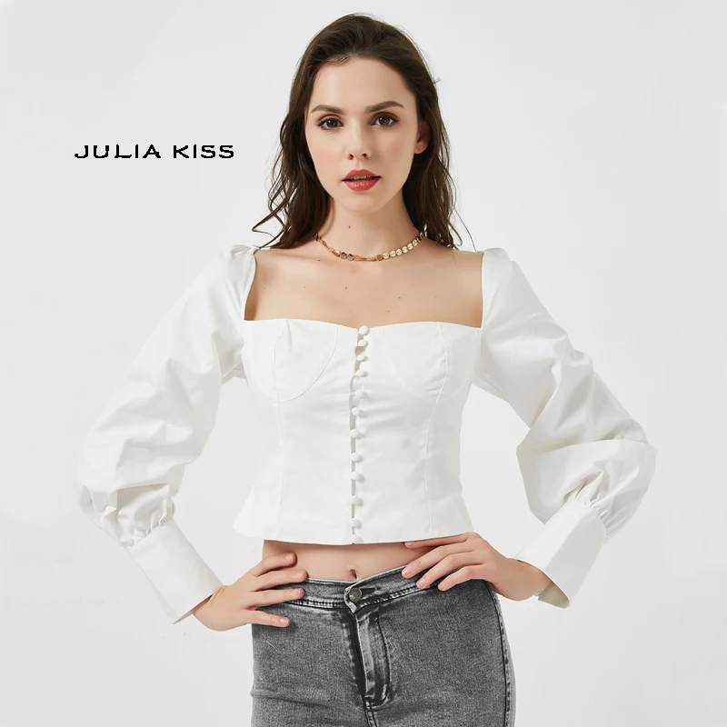 Women Vintage Square Neck Bishop Sleeve Blouse Button Up Puff Sleeve Shirt