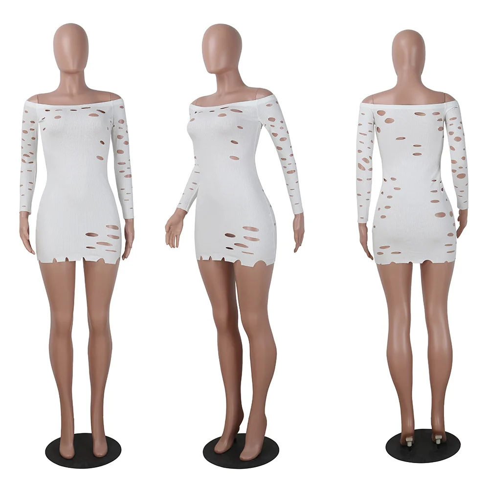 С открытыми плечами отверстия пакет хип вязать Bodycon платье Женщины Черный Белый