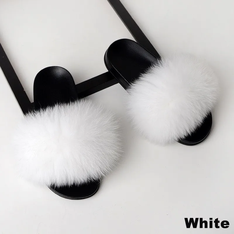 royalblue Fluffy Slippers Real Fox Fur Slides Indoor Flip Flops Casual High Recommend Raccoon Fur Sandals Vogue Plush Shoes - Color: royalblue