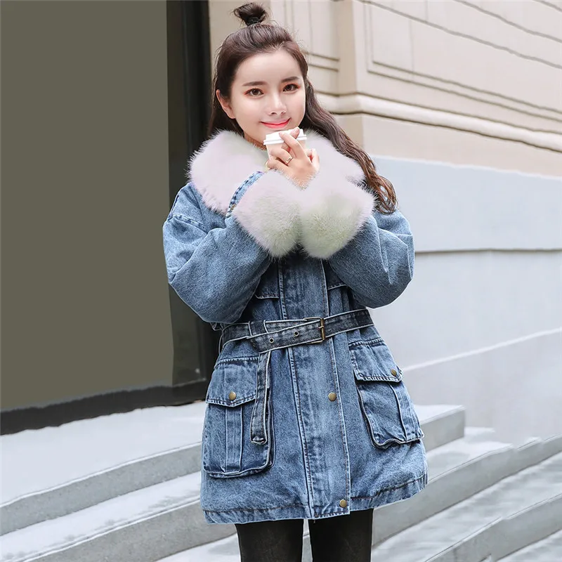 Новинка, женские парки средней длины, теплая джинсовая куртка, воротник из лисьего меха, тонкое хлопковое пальто, модная женская верхняя одежда большого размера, WIN129