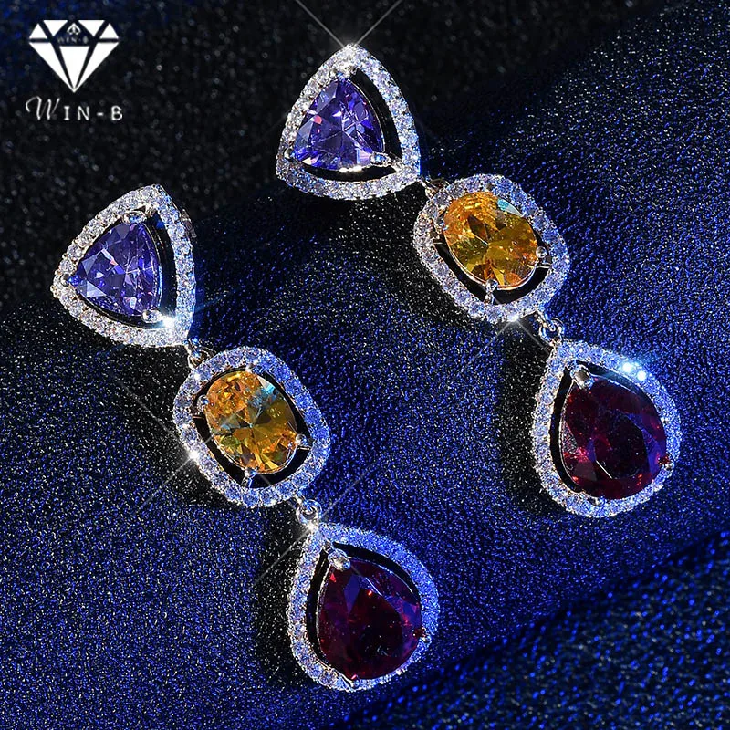 

WIN-B Women Colorful Drop Earring Fashion Muticolor AAA Zircon Earrings Luxury Purple Rhinestone Jewelry