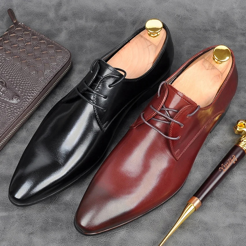 

2019 Classic Handmade Formal Dress Men's Derby Oxfords Shoes Genuine Leather Pointed Toe Wedding Party Modern Flats AM135