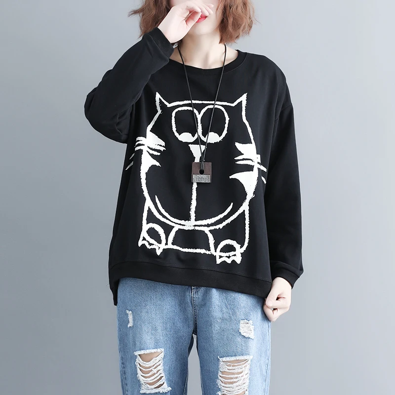 Фото 2018 Autumn Women Casual T-shirt Winter Female Clothing Plus Size Elegant Loose O-neck Cute Cat Print Black White Tshirt Tops Женская 2018 Autumn Women Casual T-shirt Winter Female Clothing Plus Size Elegant Loose O-neck Cute Cat Print Black White Tshirt Tops Женская