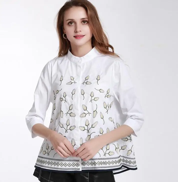 Women's Elegant spring autumn casual loose 100% cotton white shirt lady's vintage national embroidery blouse Tees TB558