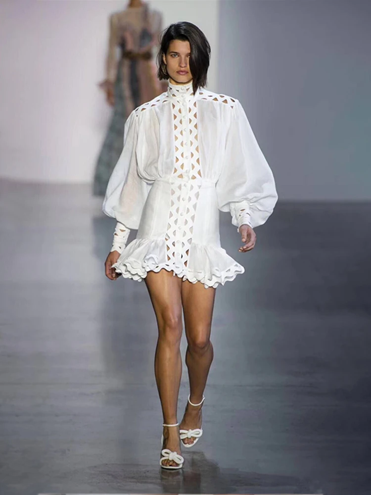 2019 летнее Новое Женское платье с высоким воротником и рукавами фонариками